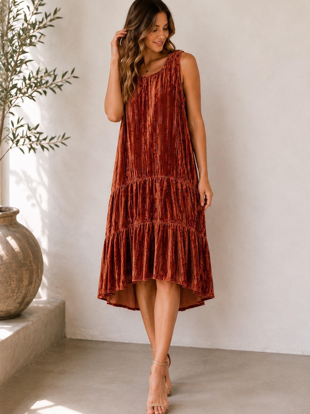 Mystree Rust Crushed Velvet Midi Dress Tiered High Low Holiday M
